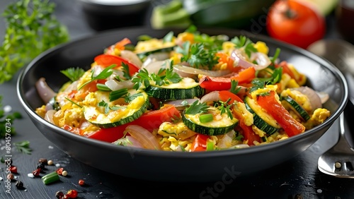 Vibrant Veggie Scramble with Red Peppers  Onions  and Zucchini  A Nutritious Breakfast. Concept Breakfast  Vegetarian  Healthy Eating  Nutrition  Cooking