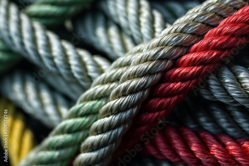 Colorful ropes of different colors. Close up. Selective focus.
