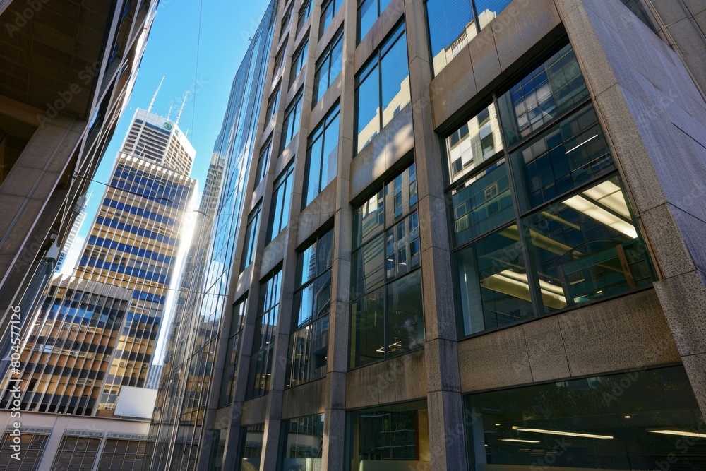 an office building with large windows on the side and concrete walls tall grey glass building with multiple square full height windows, reflecting a modern architectural style Generative AI