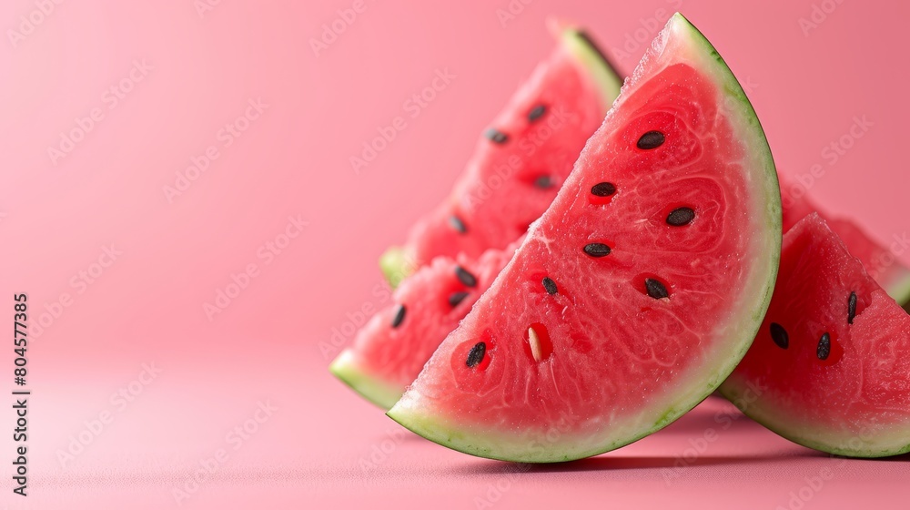 A stack of watermelon slices on a pink countertop A stack of watermelon slices on a pink countertop