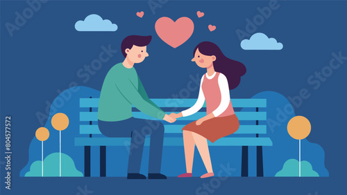 A couple sitting on a bench gazing at each other and holding each others hands tightly their love and affection evident in their nonverbal. Vector illustration