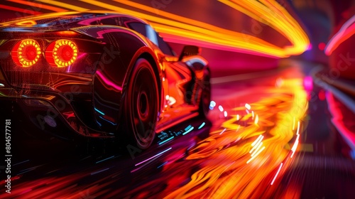  A tight shot of a car in motion on a road, illuminated by the radiant glow of its rear lights