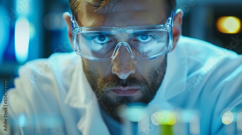 Scientist wearing protective glasses while conducting experiments in a laboratory environment.