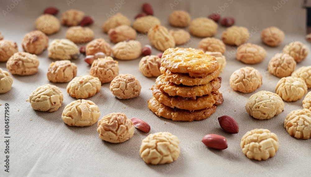 Scattered Sweet Delights: Pile of Cake Crumbs and Flying Cookies, nuts, Scattered Sweet Delights: Pile of Cake Crumbs and Flying Cookies, nuts,