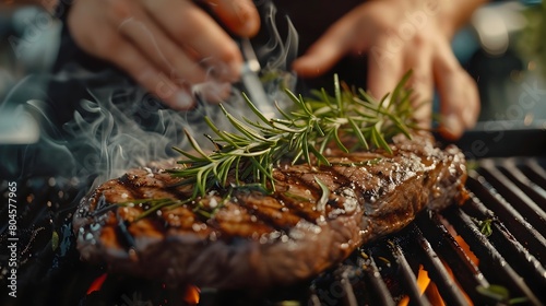 Celebrating Culinary Chef's Hands Garnishing Grilled Steak with Rosemary at Golden Hour photo