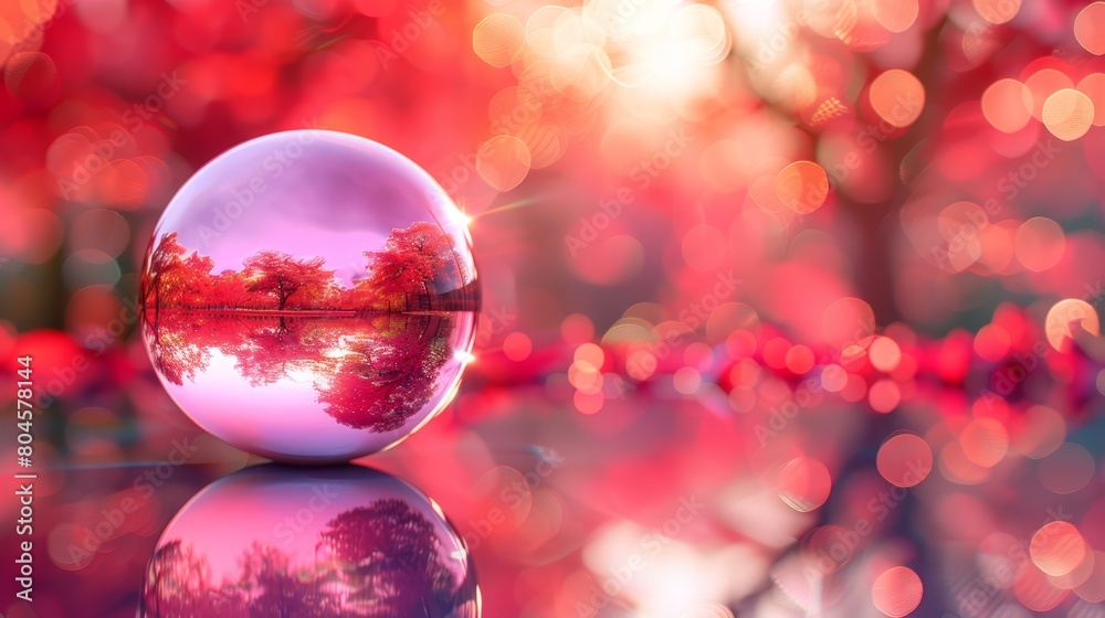 A glass ball rests atop a table, reflecting images of nearby trees and a tranquil lake A glass ball rests atop a table, reflecting images of nearby trees and a tranquil lake