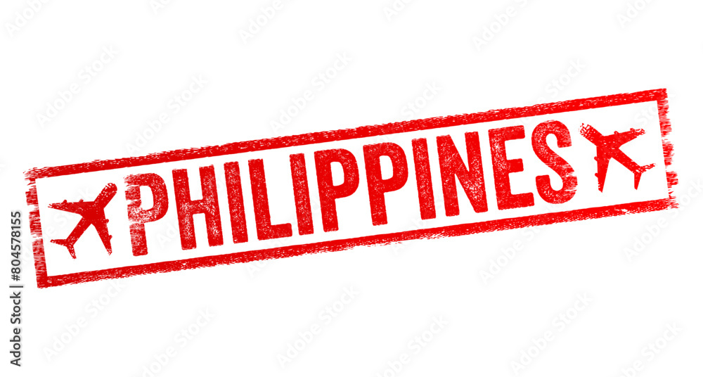Philippines is an archipelago in Southeast Asia, comprising over 7,000 islands in the western Pacific Ocean, text emblem stamp with airplane
