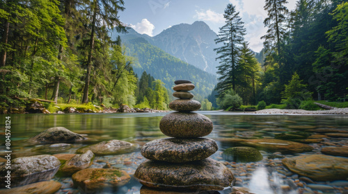 Photo of balanced stones in a river  background with a forest and mountains  zen concept  wide angle shot.