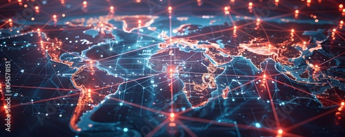 Global Business Network Visualization: A Futuristic Digital Art Depiction of Interconnected Technological Hubs and Data Flows