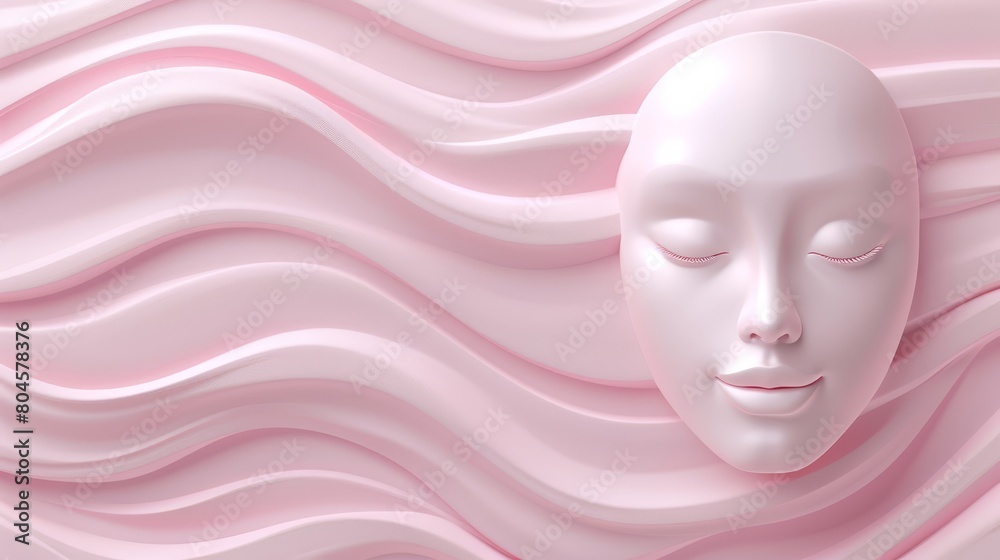   A woman's face with a white mask against a pink, wavily textured background featuring a wavy wave pattern