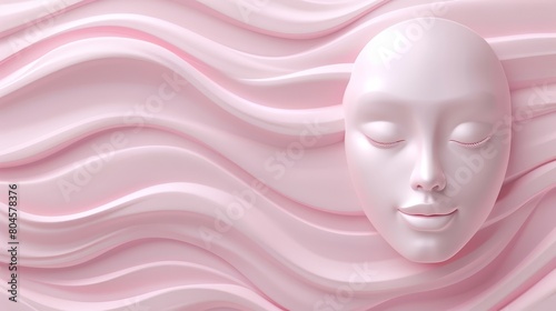  A woman's face with a white mask against a pink, wavily textured background featuring a wavy wave pattern