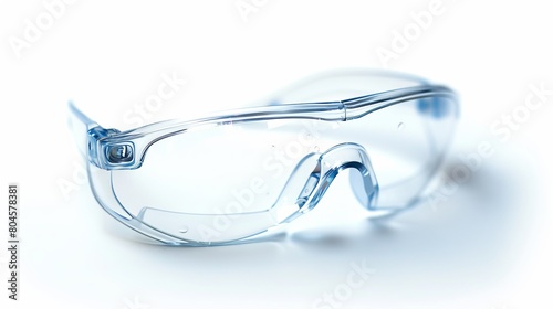 Transparent work safety glasses showcased against a white background.
