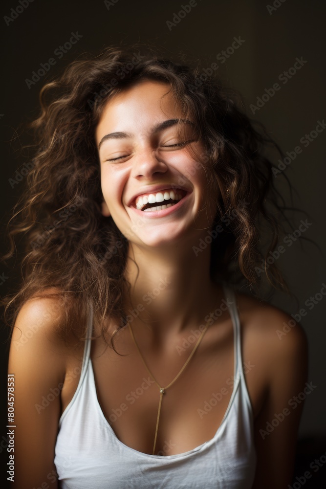 Close-up portrait of a girl against the wall, laughing with her head thrown back, happy. Generative AI. Close-up portrait of a girl against the wall, laughing with her head thrown back, happy. Generative AI.