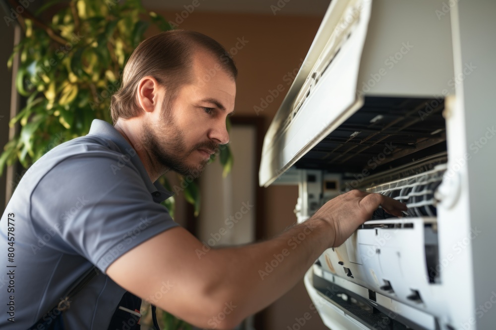Fototapeta premium A middle-aged air conditioning technician performs repairs at a site. Generative AI.