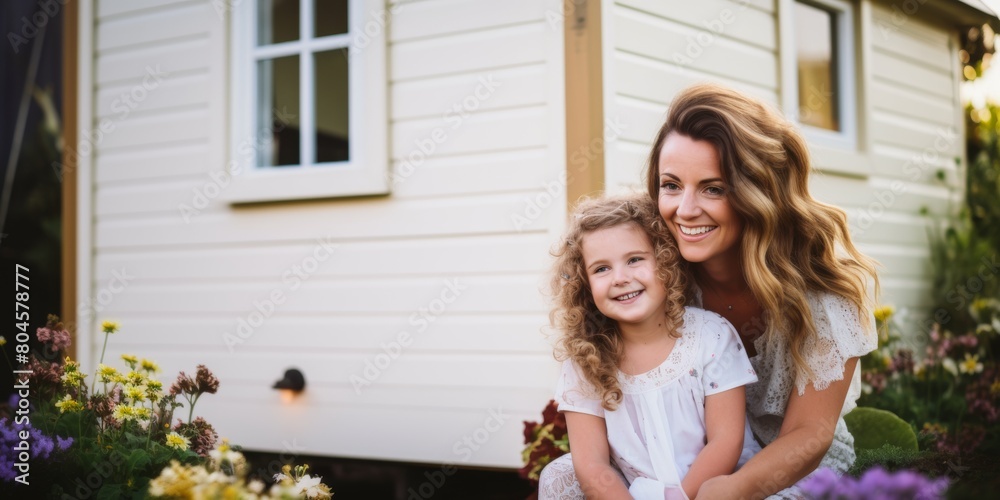 Mom and daughter spend time in the garden at their home. Generative AI. Mom and daughter spend time in the garden at their home. Generative AI.