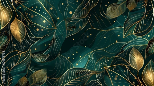 Vector illustration of a background adorned with line art of golden leaves, exuding luxury and complemented by blue and tidewater green hues. Ideal for prints, home decor, fabric, and cover design. photo