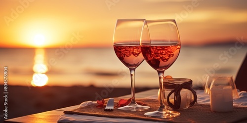Romantic dinner by the sea, two glasses of wine at sunset. Generative AI.