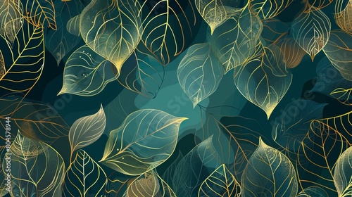 Vector illustration of a background adorned with line art of golden leaves, exuding luxury and complemented by blue and tidewater green hues. Ideal for prints, home decor, fabric, and cover design. photo