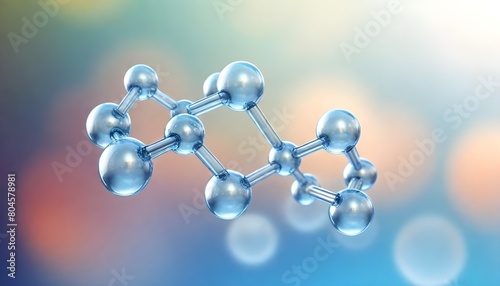 Molecular structure with transparent spheres and rods against a color blurred background create with ai