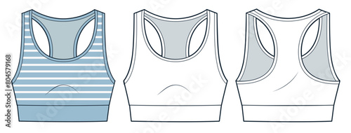Cropped Tank Top technical fashion illustration, striped pattern. Sport Bra fashion flat technical drawing template, crew neck, slim fit, front and back view, white, blue, women CAD mockup set.