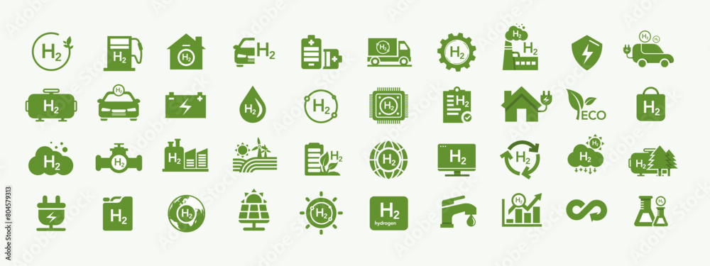 Green clean hydrogen concept. With icons set of sustainable environmental, H2 energy, green industry and alternative energy in the future. Green clean hydrogen concept. With icons set of sustainable environmental, H2 energy, green industry and alternative energy in the future.