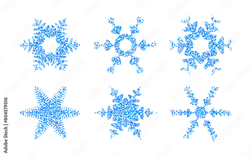 Isolated blue snowflakes of different shapes on white background Isolated blue snowflakes of different shapes on white background