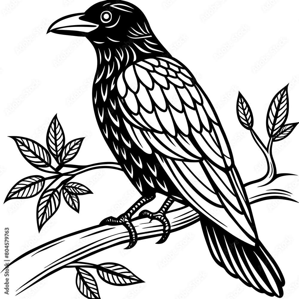 crow-siting-on-the-tree-stick-coloring-book-vector crow-siting-on-the-tree-stick-coloring-book-vector