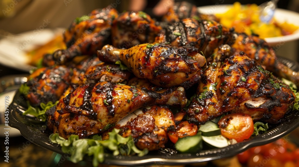 A mouthwatering platter of grilled chicken, perfectly charred and seasoned to perfection.