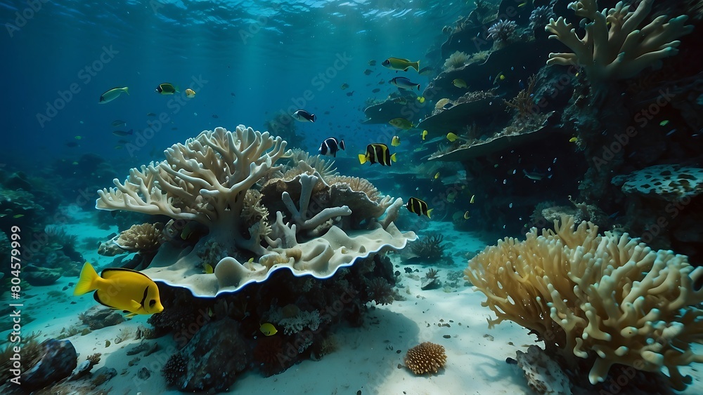 Underwater view of coral reef with tropical fishes and corals. Underwater view of coral reef with tropical fishes and corals.