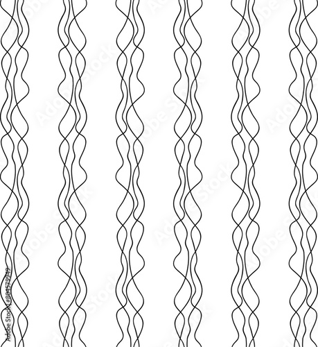 Abstract vector seamless floral background of doodle hand drawn lines. Monochrome wave pattern. Coloring book page. Black white wallpaper.