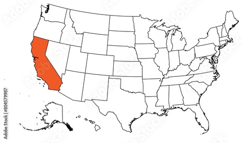 The outline of the US map with state borders. The US state of California