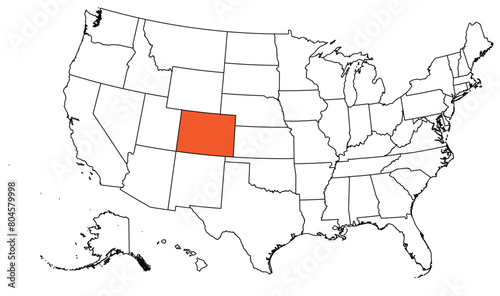 The outline of the US map with state borders. The US state of Colorado
