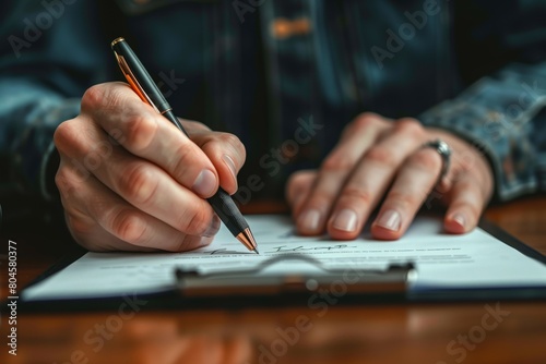 Contract signing with golden pen close-up