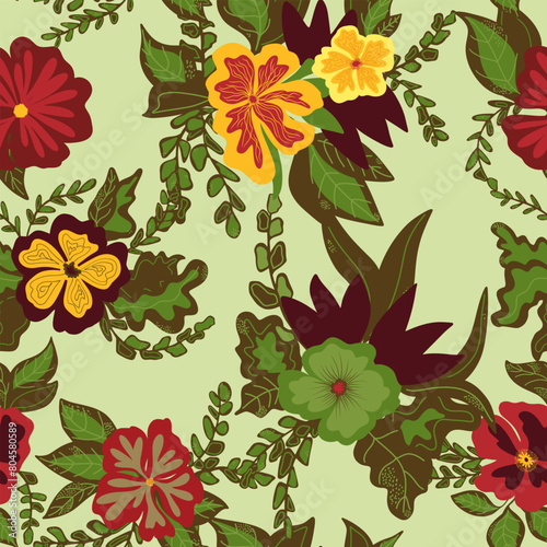 stylized flowers in flat style hand drawn vector seamless pattern. Retro style