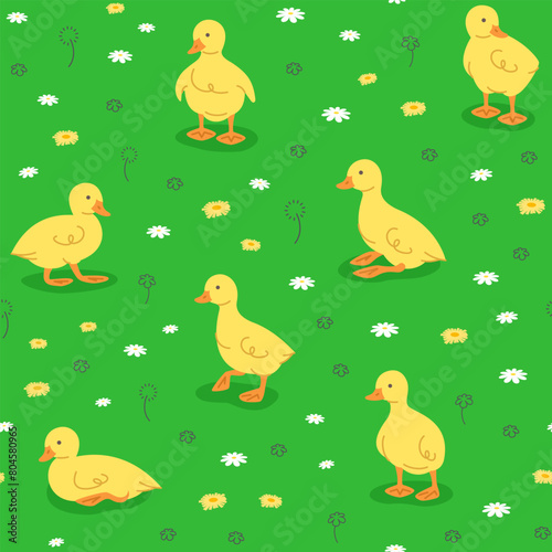 Cute little goslings playing in green meadow. Seamless background pattern. Hand drawn cartoon baby goose in different poses having fun in green grass. Vibrant wallpaper or textile pattern for kids