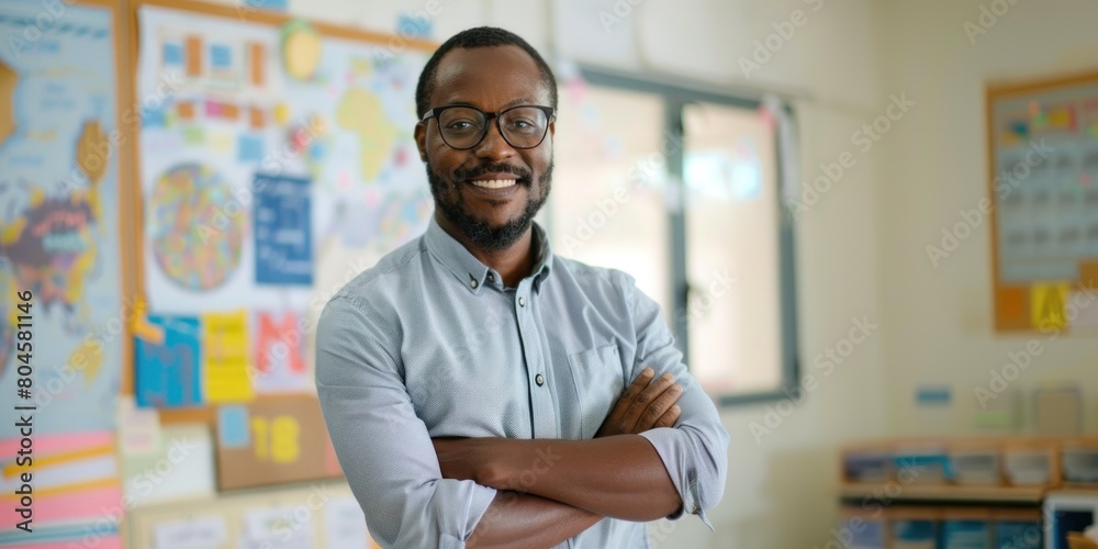 Fototapeta premium Confident African male teacher standing in a classroom.