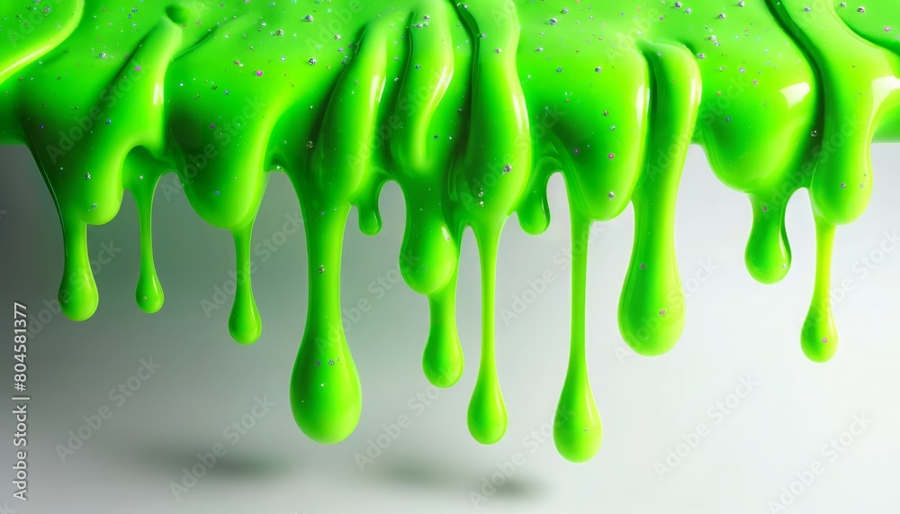 Vibrant neon green slime with sparkling glitter, seamlessly flowing down from the top edge of a completely white background