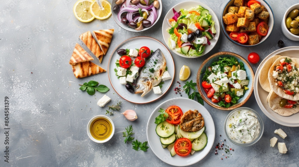 Greek food background. Meze, gyros, souvlaki, fried fish, pita, greek salad, tzatziki, assortment of feta, olives and vegetables.