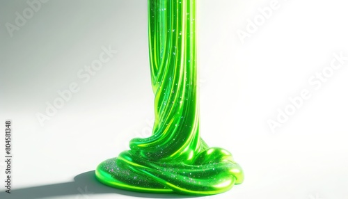 Vibrant neon green slime with sparkling glitter, dripping vertically down a completely white background