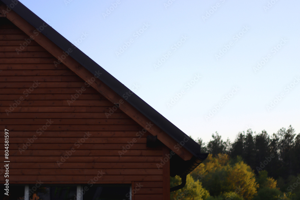 Small wooden cabin in the woods. Architectural detail, selective focus.