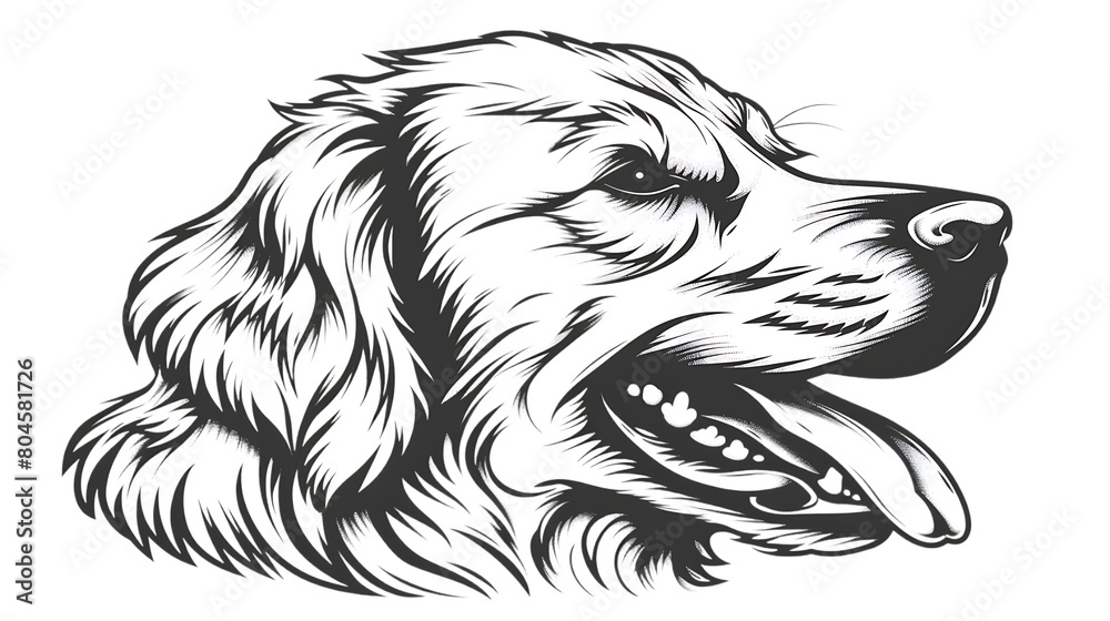 Golden Retriever Dog head, ink brush drawing, black and white, white background