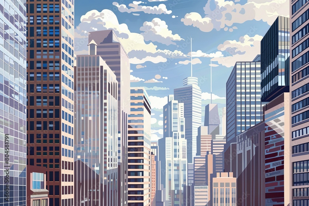 Fototapeta premium A painting depicting a cityscape dominated by towering skyscrapers in an urban financial center. Generative AI