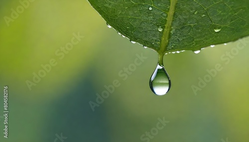 A close-up of a green leaf with a water droplet hanging from the tip, against a blurred green background create with ai