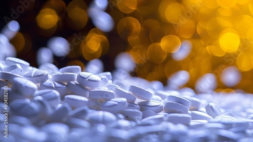 Opioid epidemic symbolized by scattered prescription pills highlighting addiction crisis. Concept Health crisis, Prescription medication, Addiction awareness, Opioid abuse, Substance misuse,