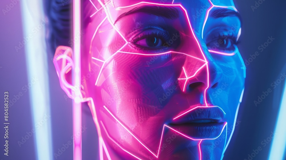 Neon Face Outline: Minimalist Face Amidst Abstract - Glowing Geometry- Abstract Illumination- Glowing Silhouette- Bold Neon Lines, best for Graphic element for a poster advertising an art exhibition Neon Face Outline: Minimalist Face Amidst Abstract - Glowing Geometry- Abstract Illumination- Glowing Silhouette- Bold Neon Lines, best for Graphic element for a poster advertising an art exhibition
