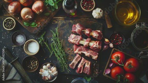 A rustic kitchen scene with ingredients laid out for marinating pork ribs, prep for deliciousness.