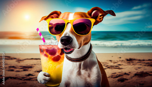Dog on the beach with a cocktail. Generative AI, © Яна Ерік Татевосян