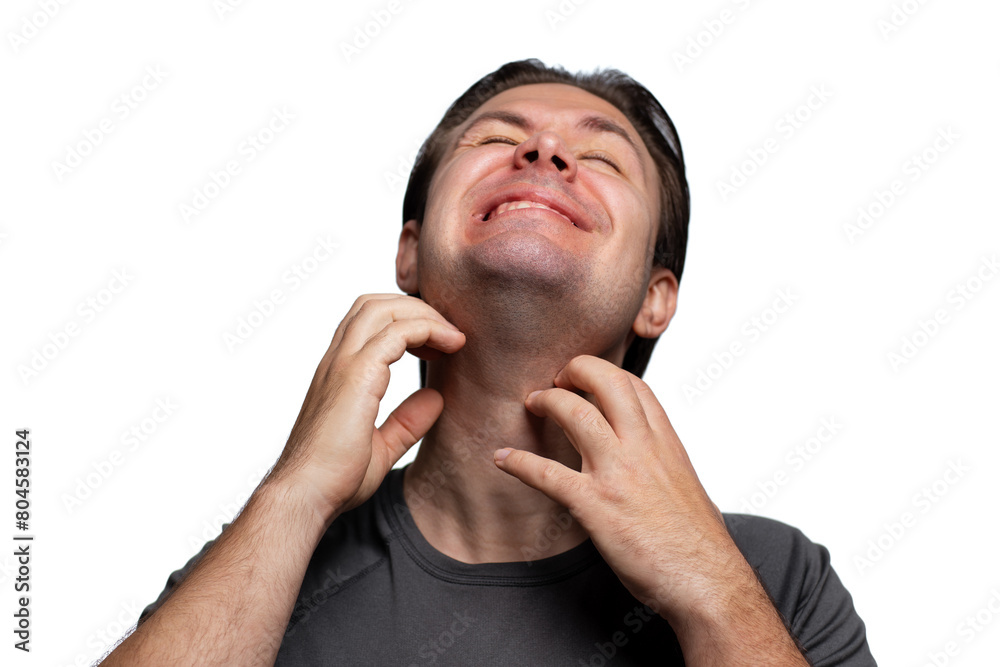 Man scratching his neck, portrait isolated on white background Man scratching his neck, portrait isolated on white background