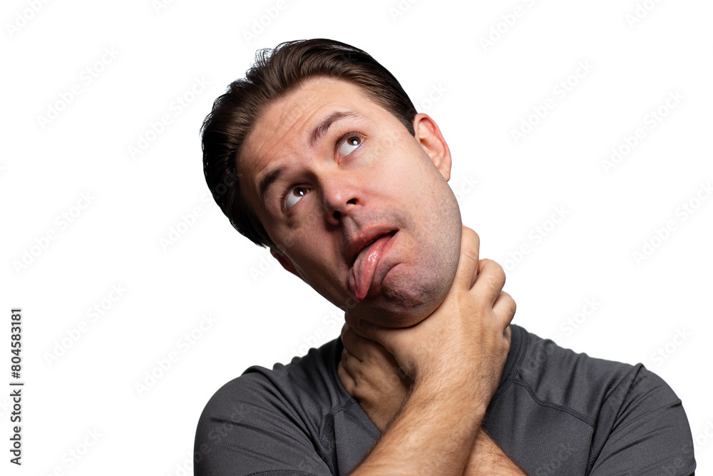 Young man choking himself, portrait isolated on white background Young man choking himself, portrait isolated on white background