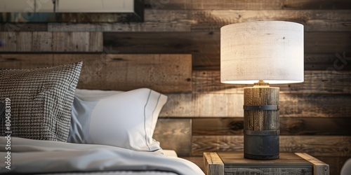 lamp on a wooden bedside table in the bedroom Generative AI © Roman